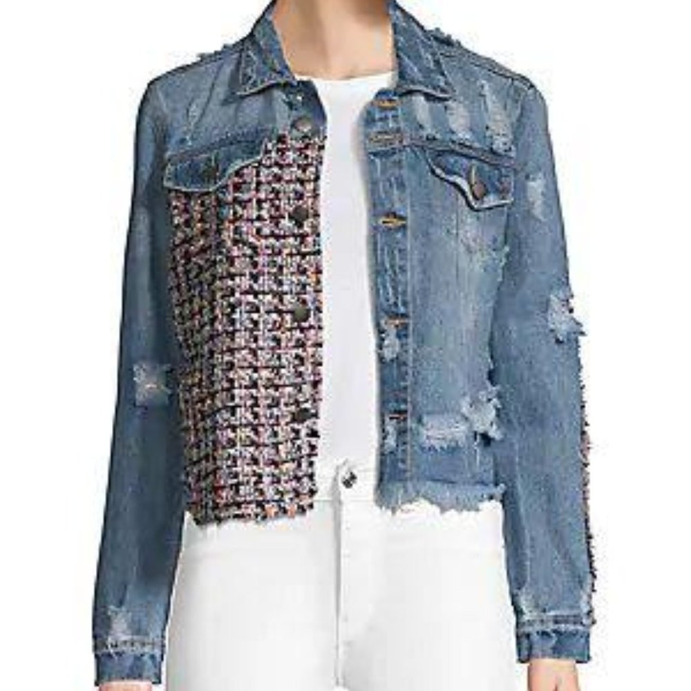 New Designer Distressed Denim Jacket with Tweed Accent